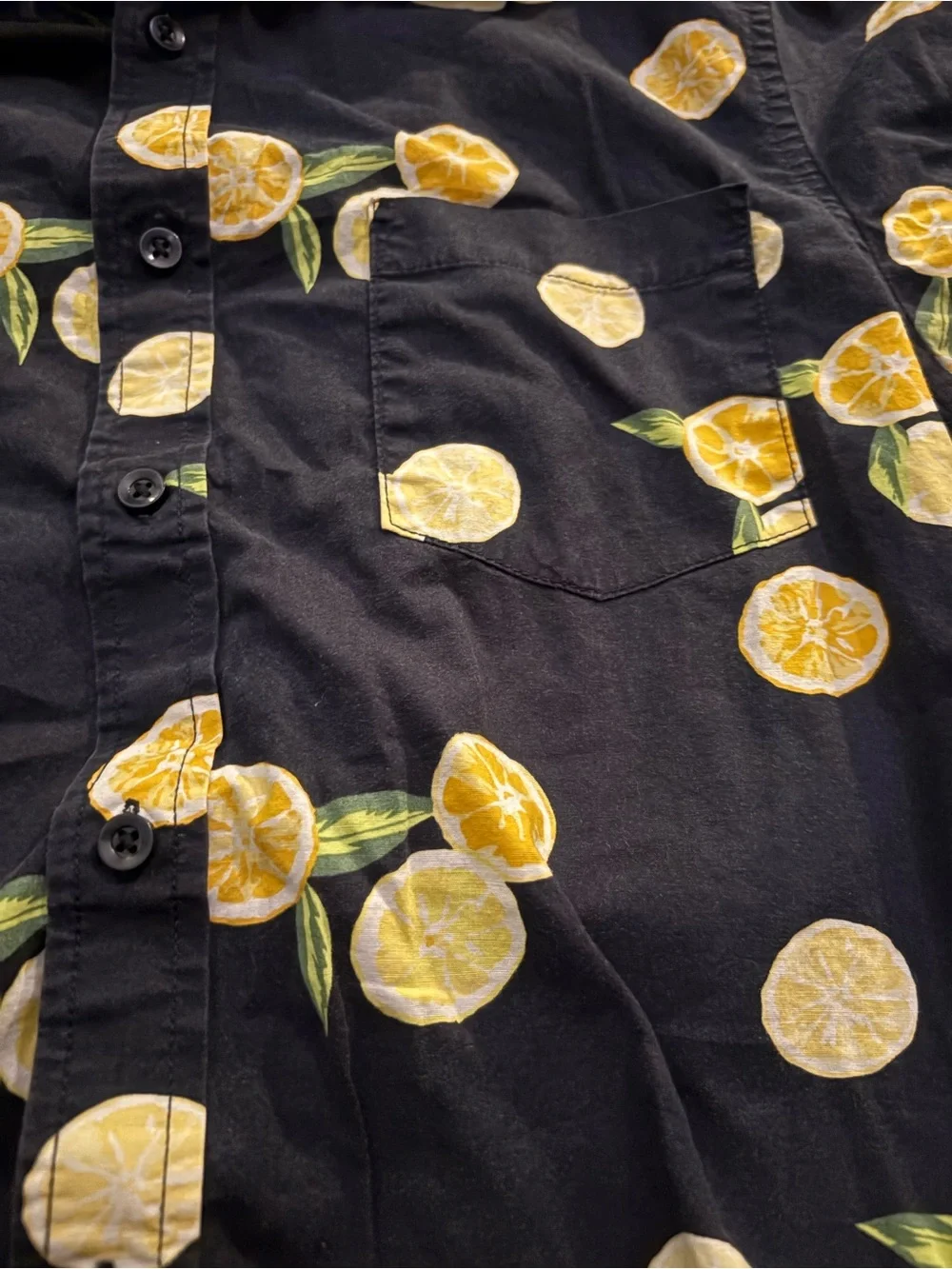 Men's Black Short-Sleeve Button-Down Shirt with Yellow Lemon Print
